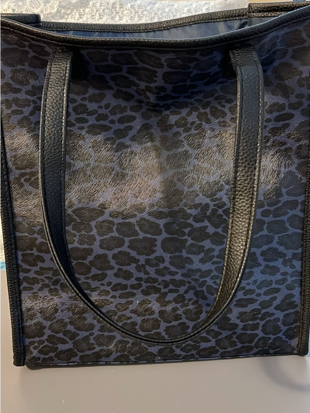Black Leopard Print Tote Bag with Leather Handles